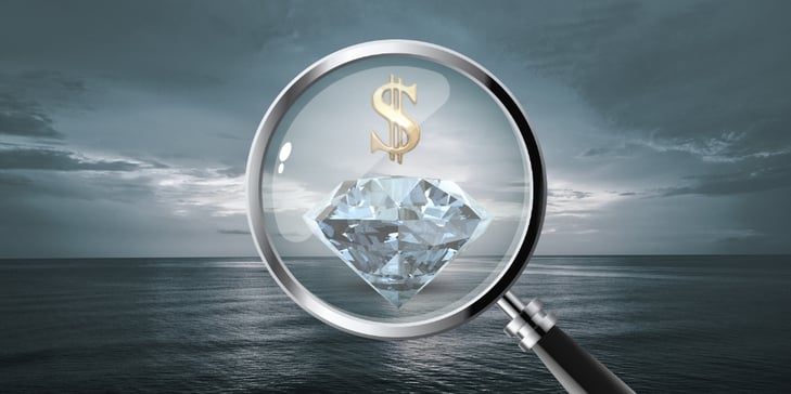 a diamond and dollar sign under a magnifying glass