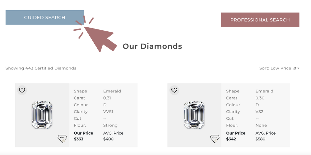 image showing the guided or pro search options on diamond marketplace